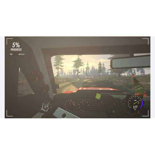 Intense rally car driving scene in forest terrain.