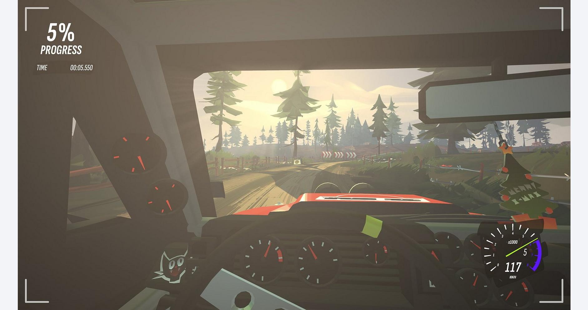 Intense rally car driving scene in forest terrain.