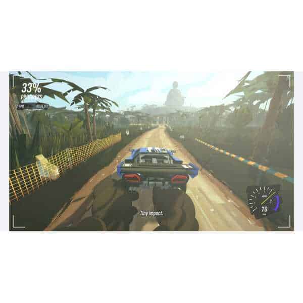 Off-road rally car racing on dirt track with lush jungle scenery.