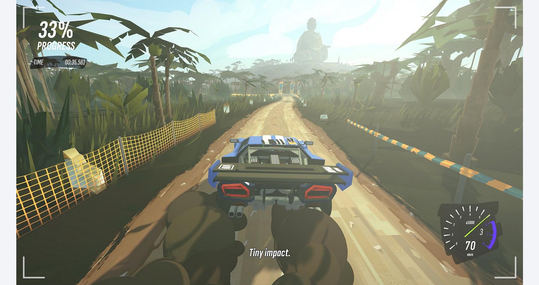 Off-road rally car racing on dirt track with lush jungle scenery.