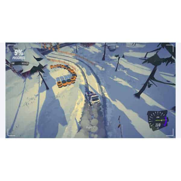 Snow rally car navigating icy forest trail.