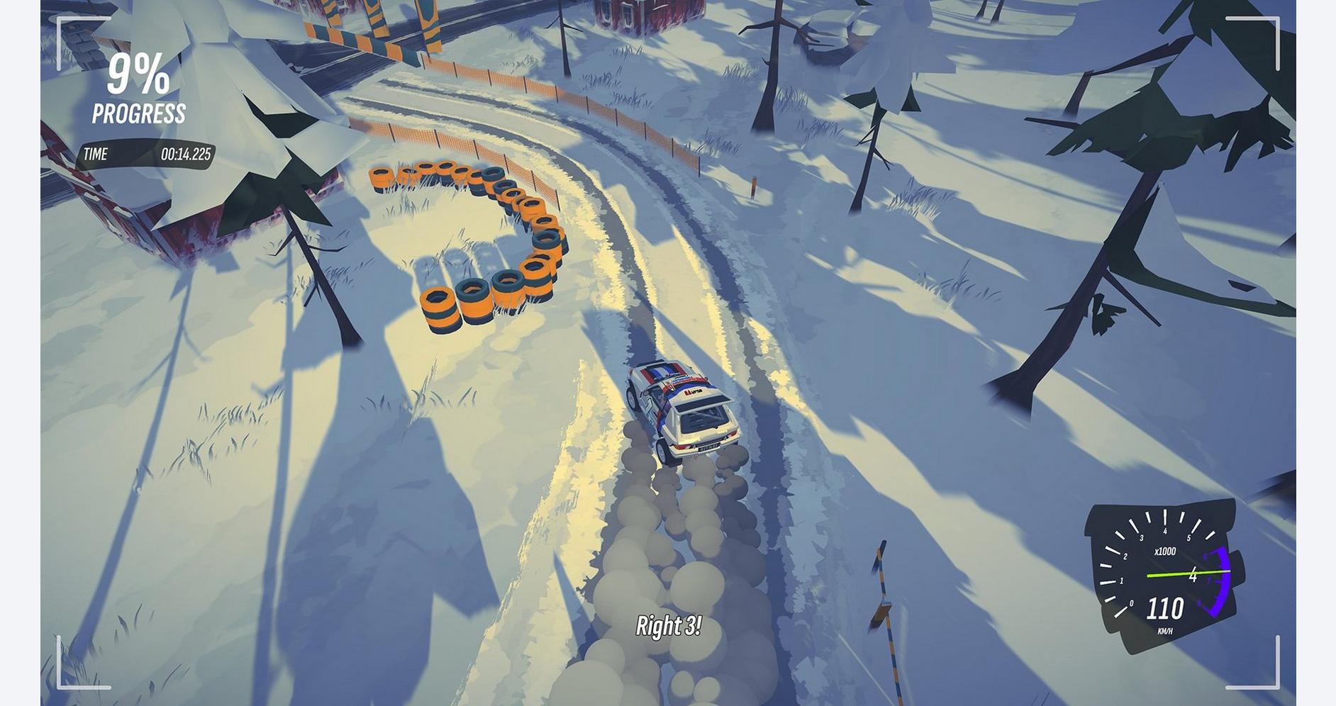 Snow rally car navigating icy forest trail.