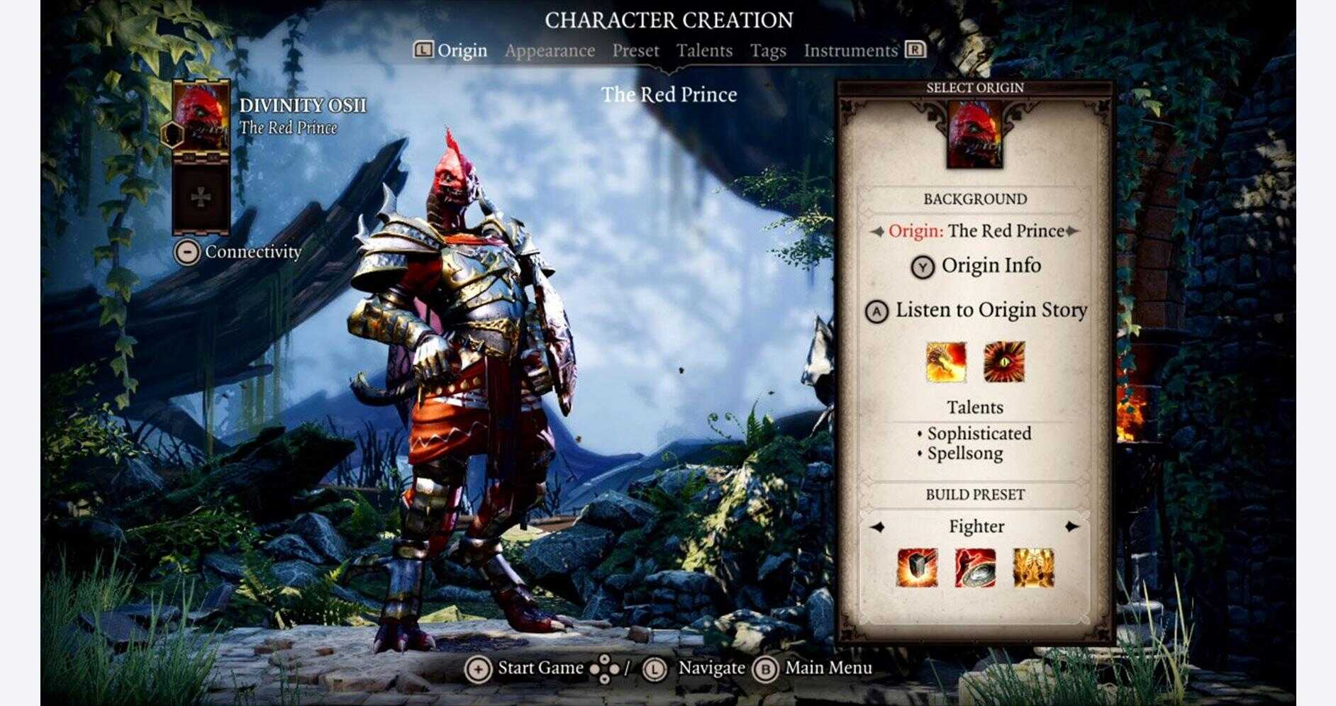 The Red Prince character creation screen from Divinity: Original Sin II.