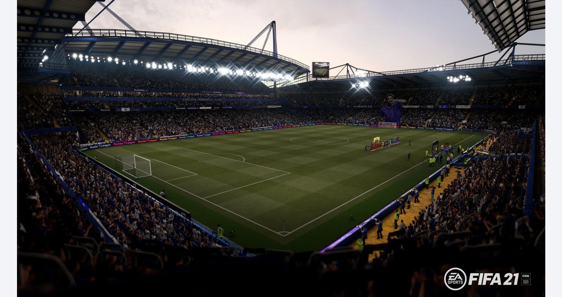 FIFA 21 stadium with vibrant crowd and illuminated pitch for gaming and sports enthusiasts.