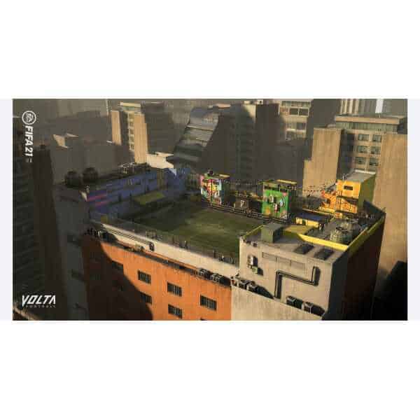 High-angle view of a vibrant rooftop gaming area in an urban cityscape.