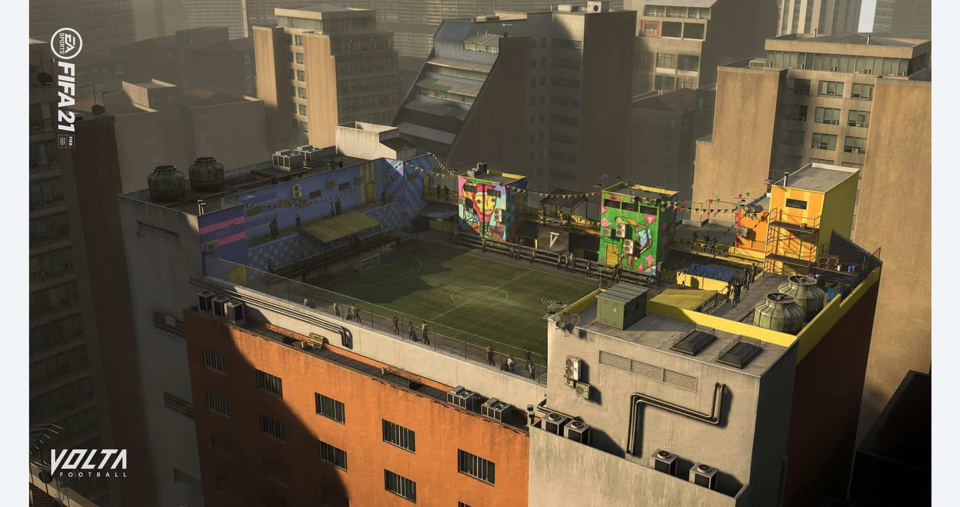 High-angle view of a vibrant rooftop gaming area in an urban cityscape.
