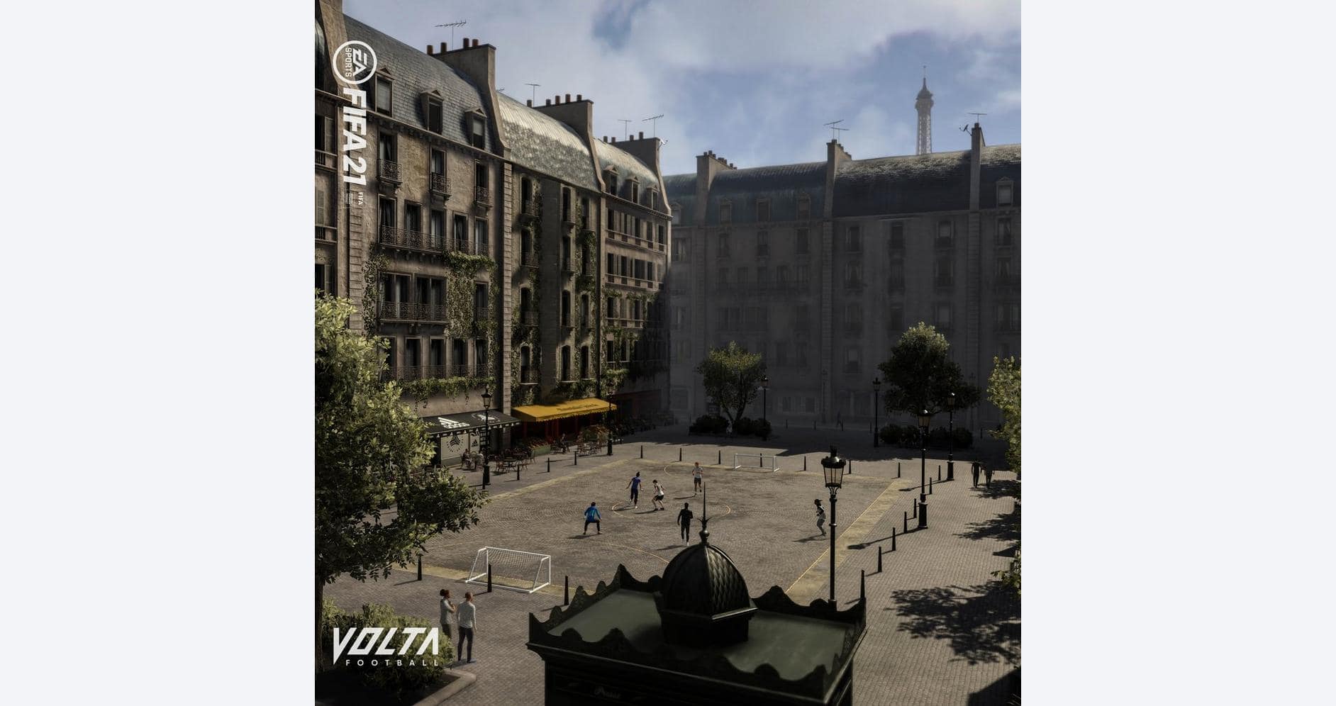 A bustling city square with historic buildings and people walking, under a partly cloudy sky.