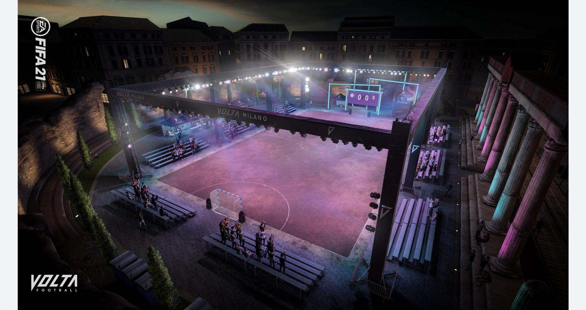 Outdoor sports arena with lighting setup for nighttime event in Milan.