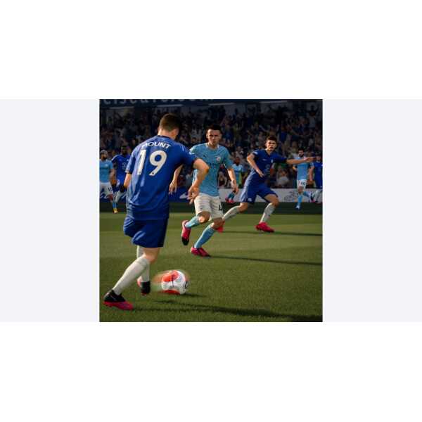 A soccer match with players in blue and white jerseys competing on the field.