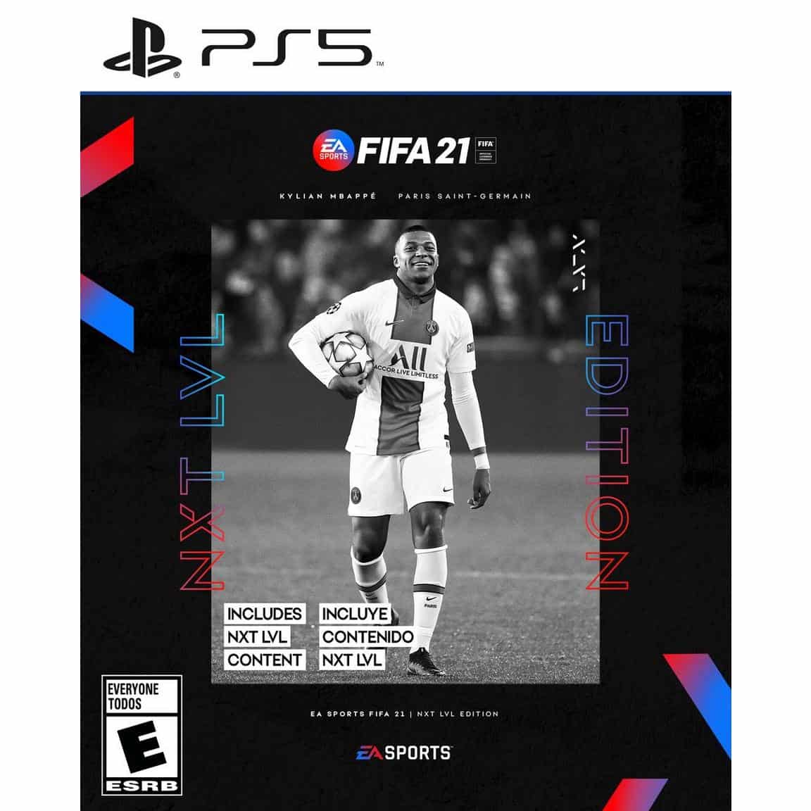 FIFA 21 Next Level Edition PS5 game box with Kylian Mbappé on the cover, showcasing sports and gamin.