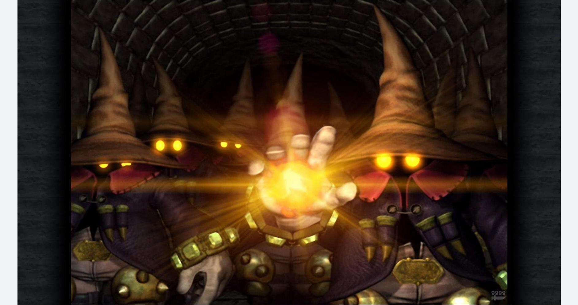Character from Final Fantasy IX casting a spell in a dark dungeon.