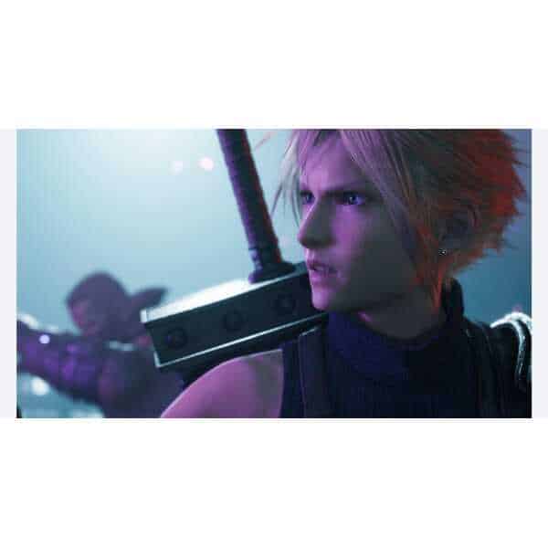 Close-up of Cloud Strife from Final Fantasy VII Remake in a dramatic scene.