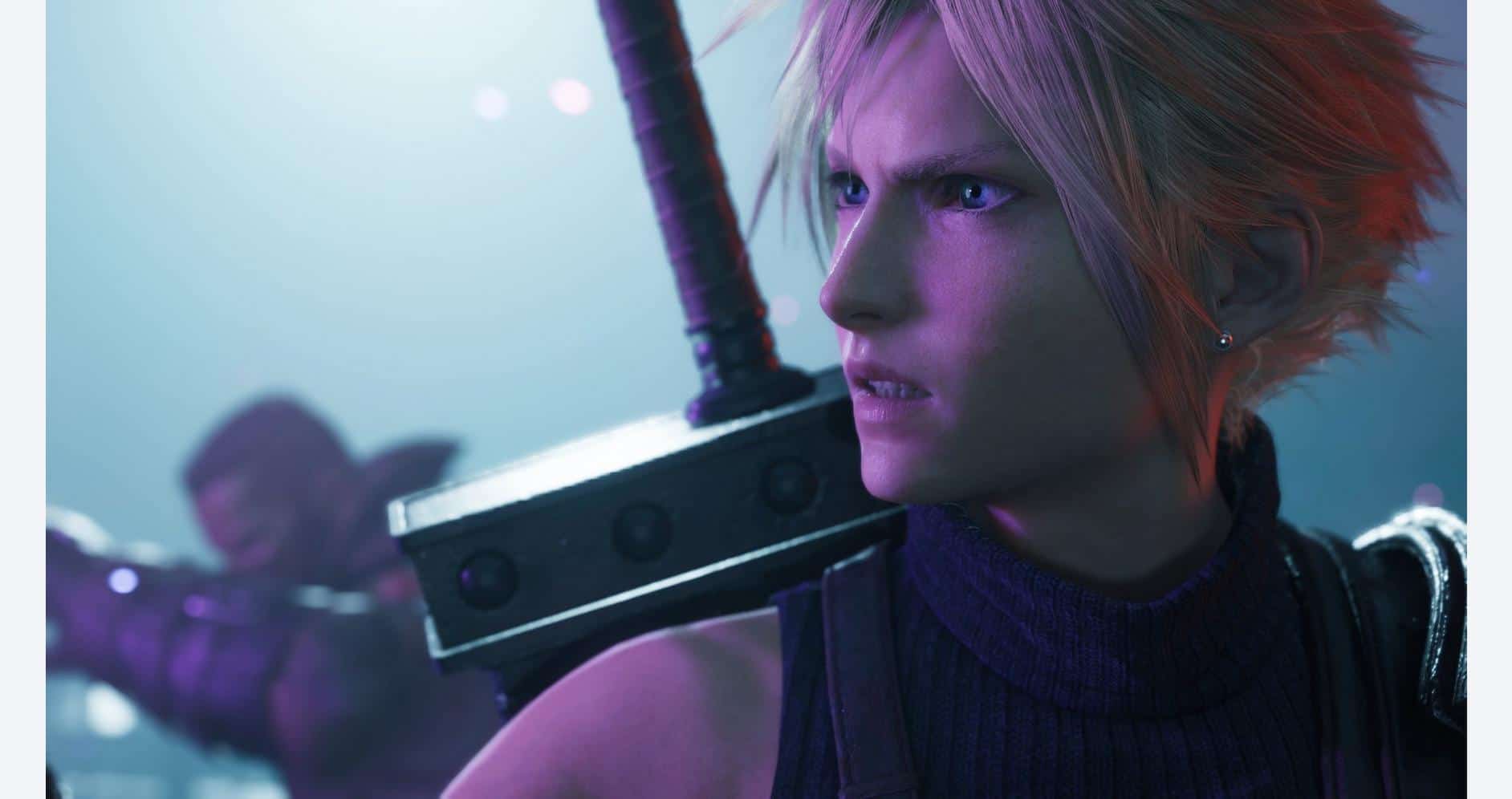 Close-up of Cloud Strife from Final Fantasy VII Remake in a dramatic scene.