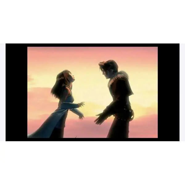 Characters from Final Fantasy VII & VIII facing each other at sunset.