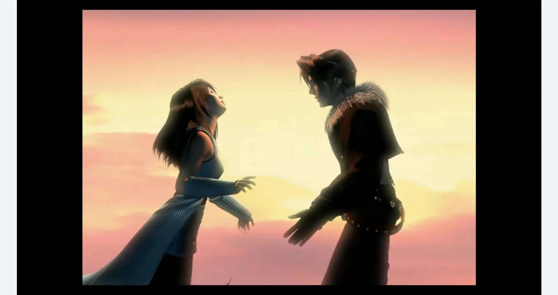 Characters from Final Fantasy VII & VIII facing each other at sunset.