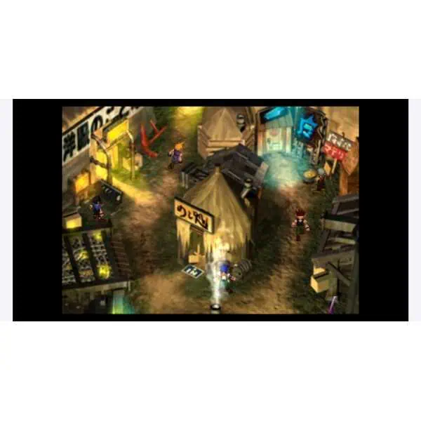 Remastered Final Fantasy VII & VIII game scene with vibrant town setting.