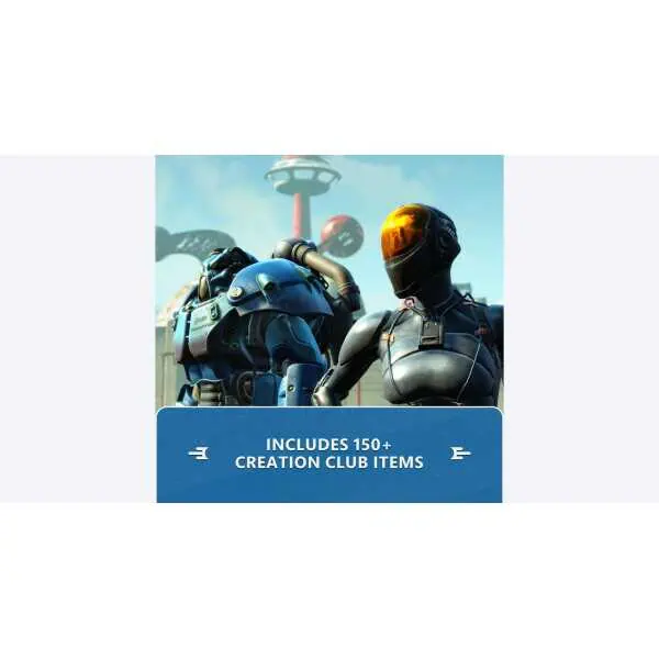 Fallout 4 Anniversary Edition game with robotic characters and futuristic background.