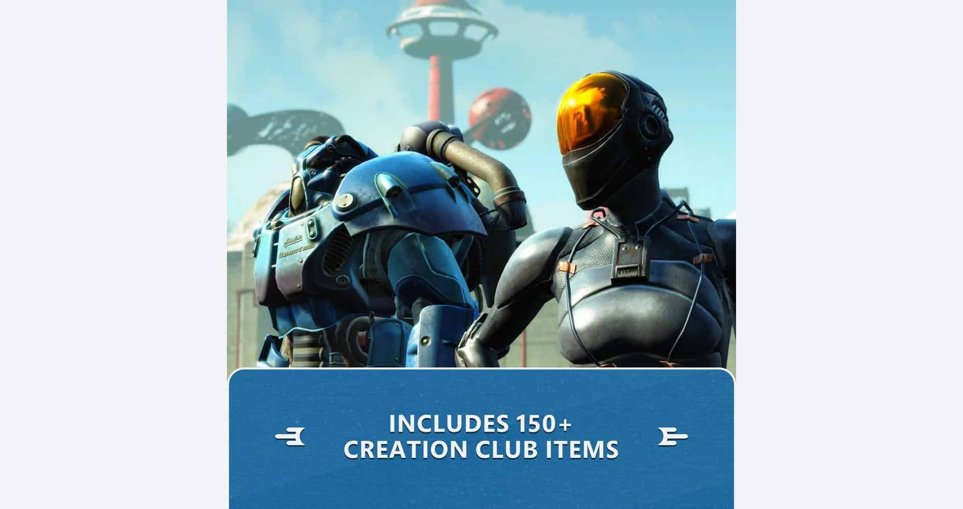 Fallout 4 Anniversary Edition game with robotic characters and futuristic background.