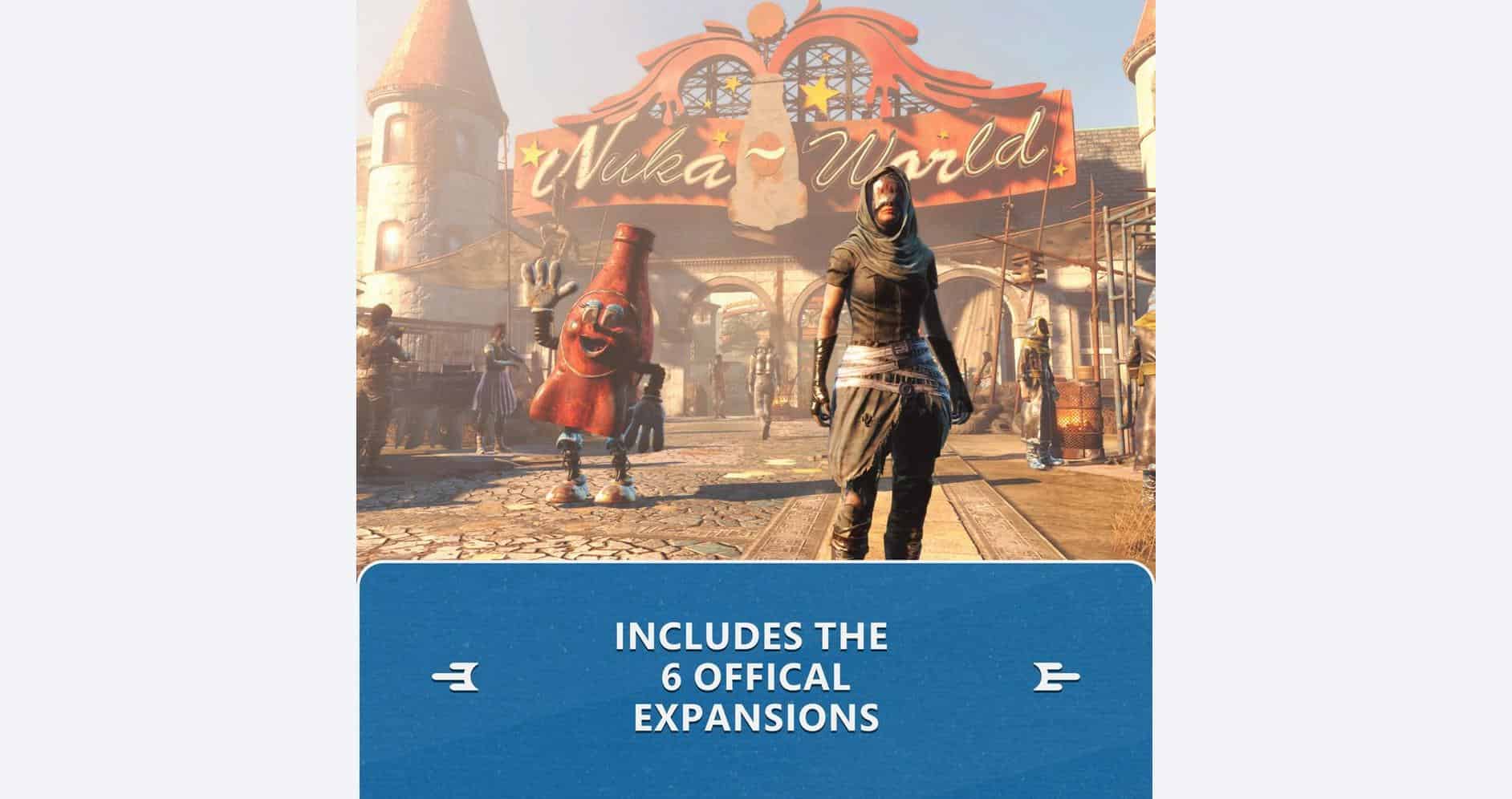 Fallout 4 Anniversary Edition game cover with Nuka World theme.