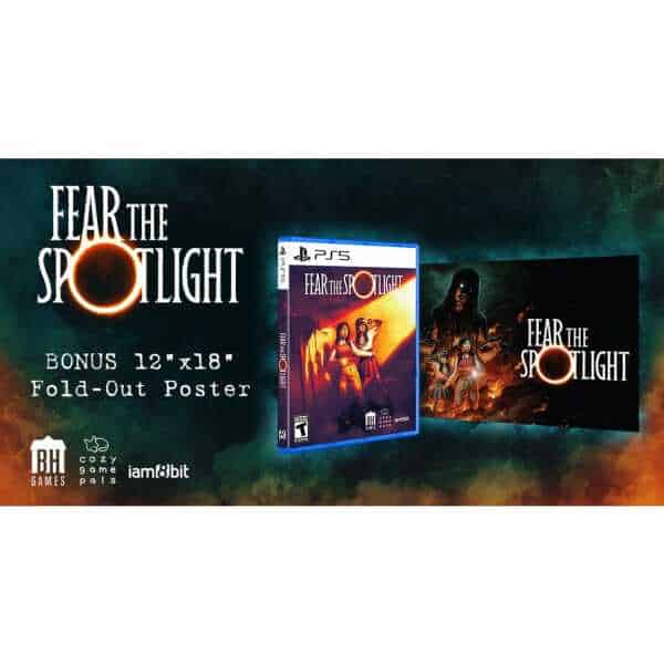 Fear the Spotlight game poster with PS5 game box and fold-out poster.