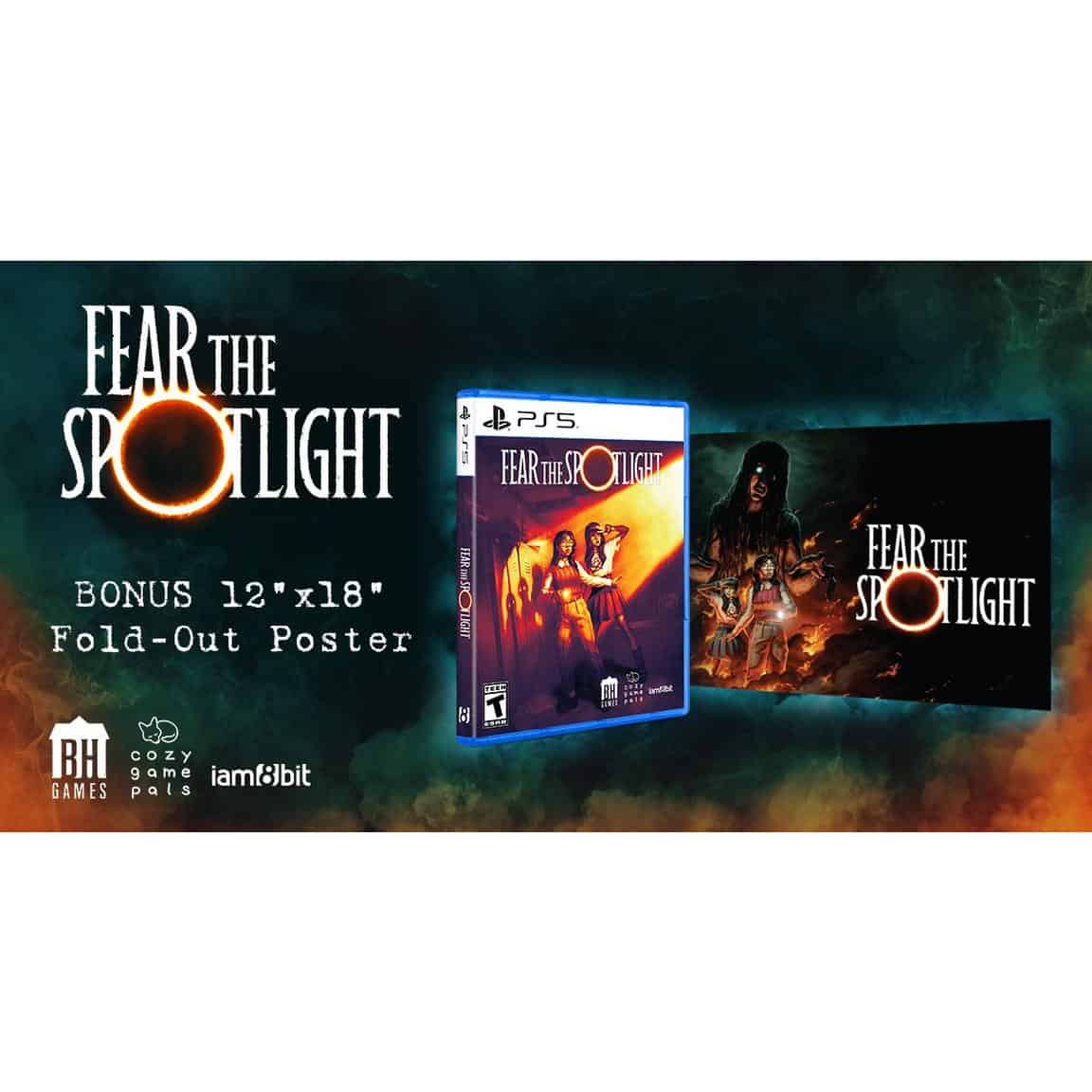 Fear the Spotlight game poster with PS5 game box and fold-out poster.
