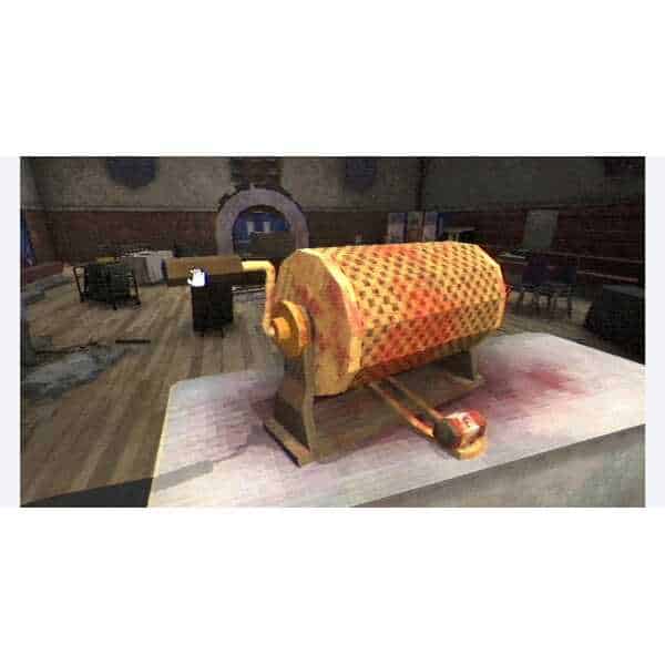 Large spotlight prop on stage for theatrical production.