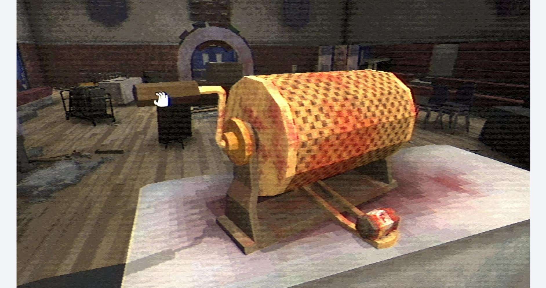 Large spotlight prop on stage for theatrical production.