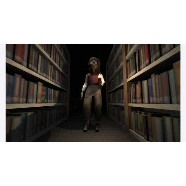 Woman in a dark library corridor with glasses, shadows, and bookshelves.