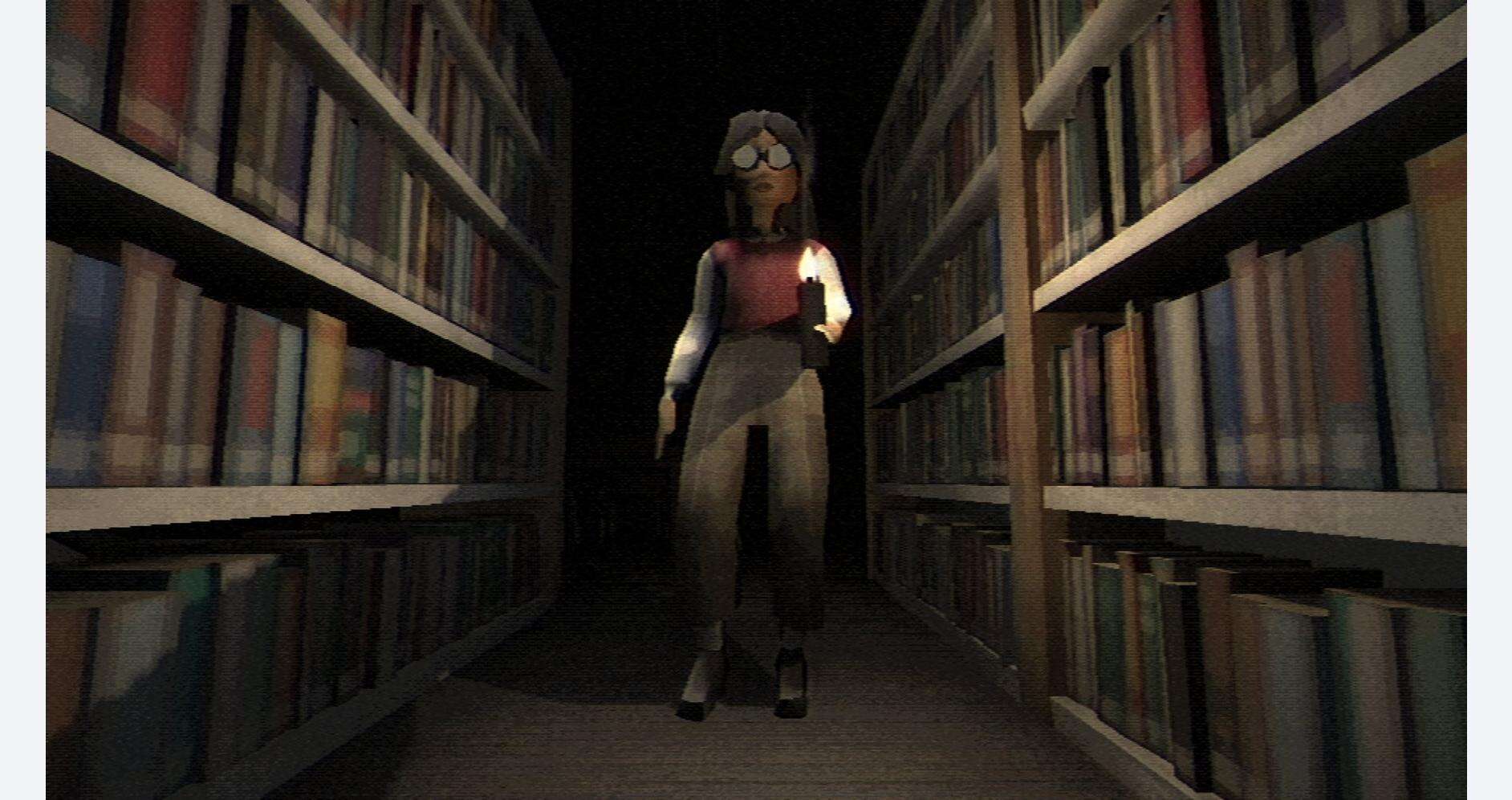 Woman in a dark library corridor with glasses, shadows, and bookshelves.