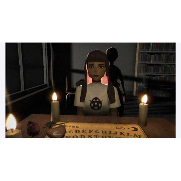 Eerie scene with a girl in a library surrounded by candles and shadowy figure.