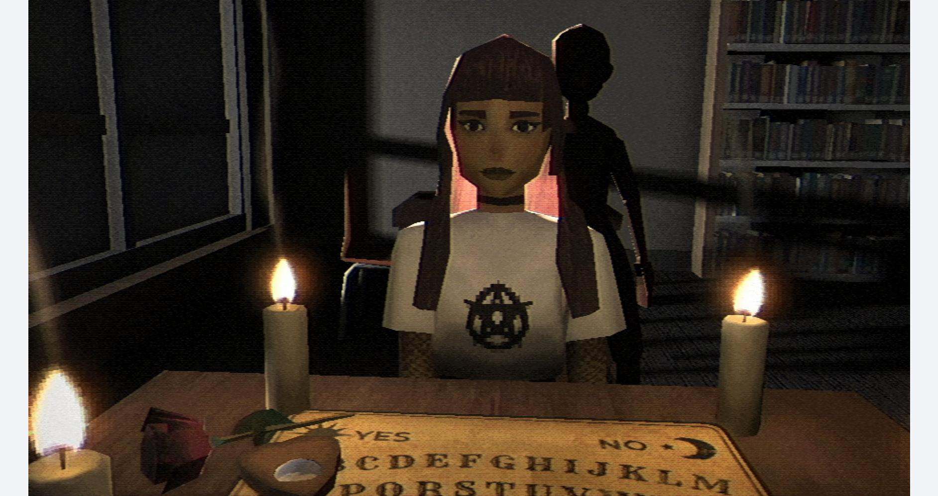 Eerie scene with a girl in a library surrounded by candles and shadowy figure.