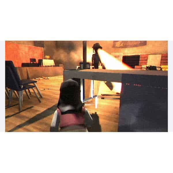 Character facing a spotlight in a game scene with fire and chaos.