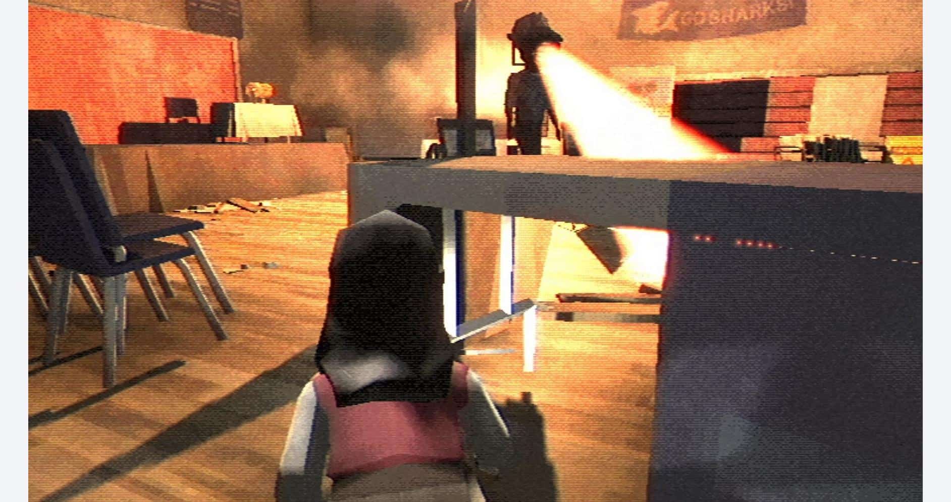 Character facing a spotlight in a game scene with fire and chaos.