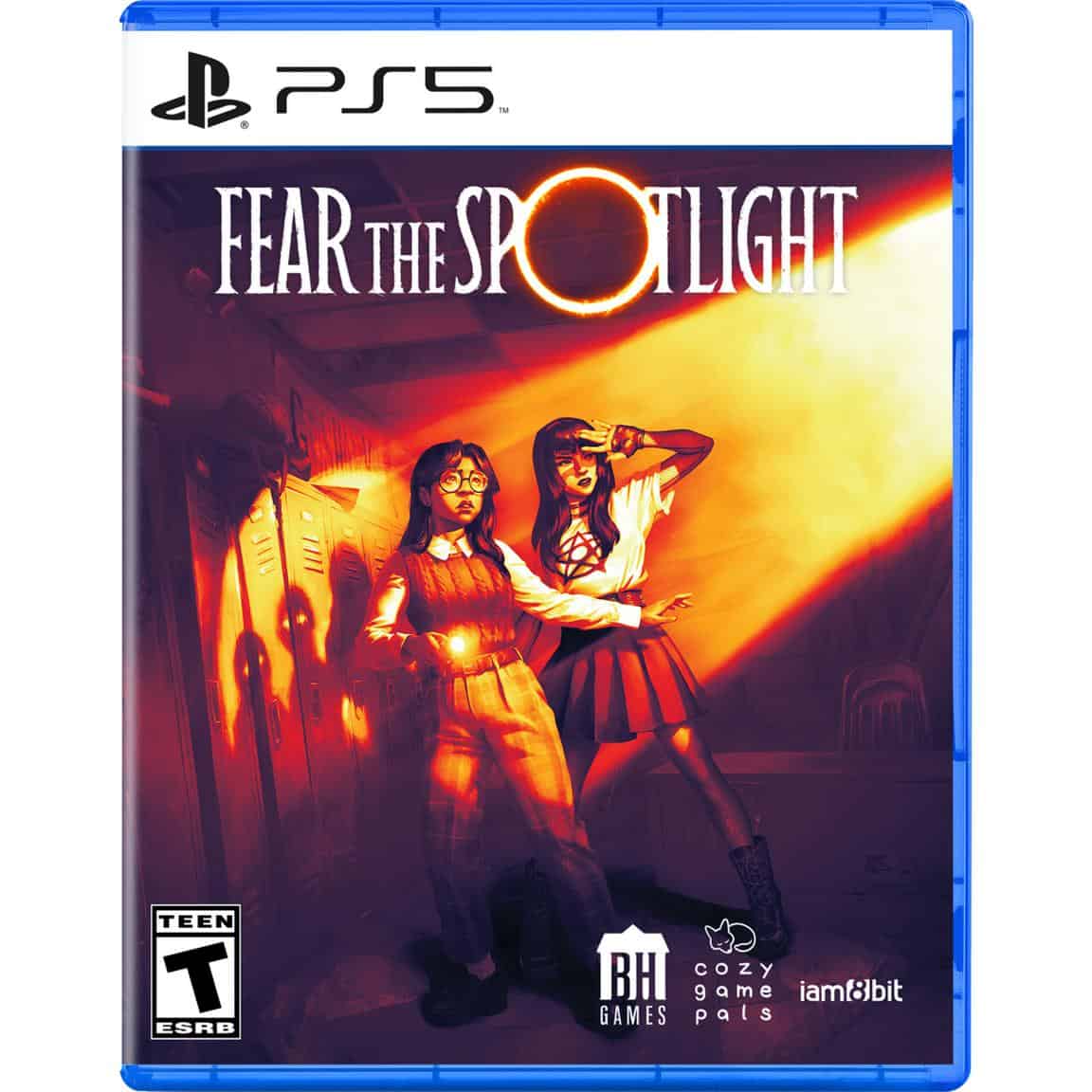 Fear the Spotlight PS5 game cover with two girls holding flashlights in a school hallway.