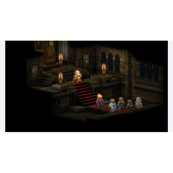 Scene from Final Fantasy Tactics Ivalice Chronicles game with characters on a staircase.