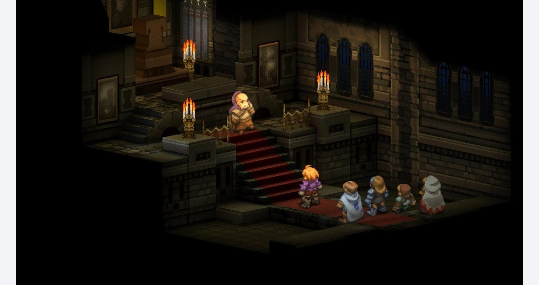 Scene from Final Fantasy Tactics Ivalice Chronicles game with characters on a staircase.