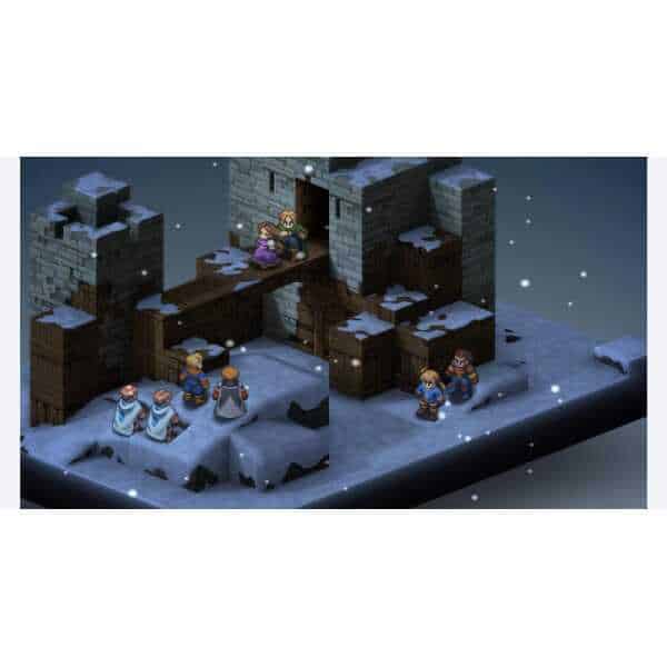 Scene from Final Fantasy Tactics Ivalice Chronicles with characters on snowy battlefield.
