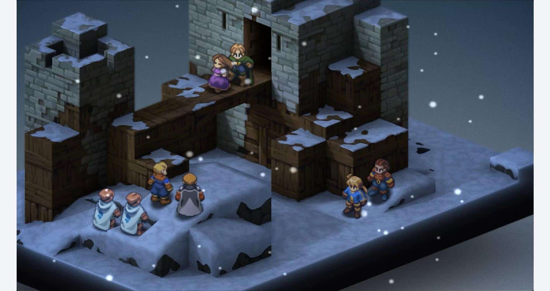 Scene from Final Fantasy Tactics Ivalice Chronicles with characters on snowy battlefield.