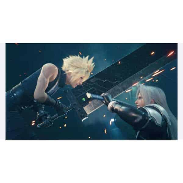Cloud Strife and Sephiroth in a dramatic sword fight from Final Fantasy VII Remake Intergrade.