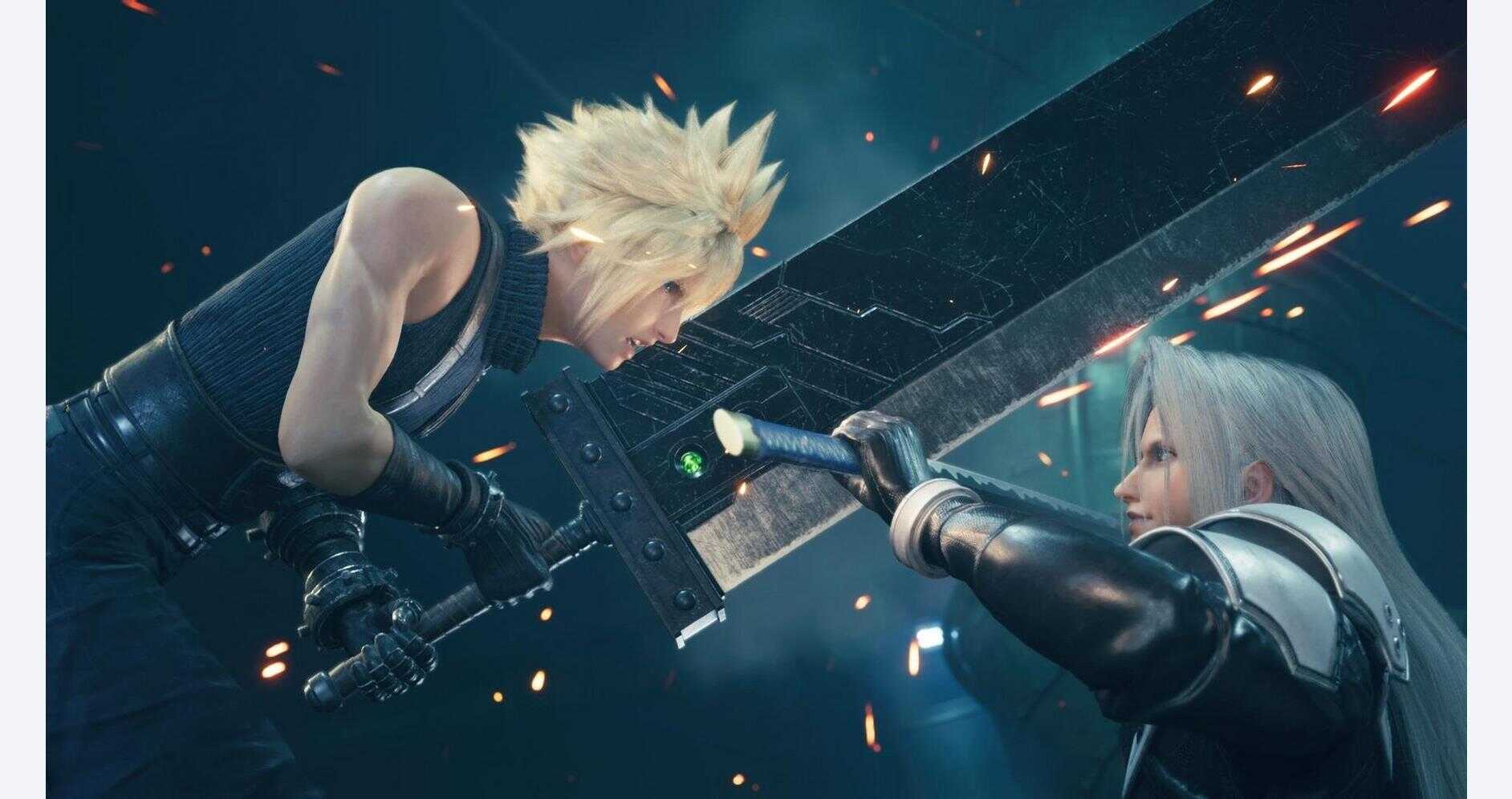 Cloud Strife and Sephiroth in a dramatic sword fight from Final Fantasy VII Remake Intergrade.