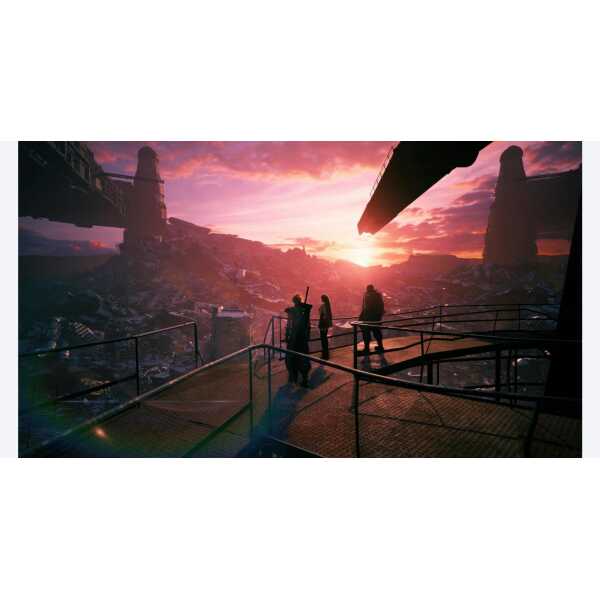 Futuristic cityscape at sunset with two characters overlooking the city from a high vantage point.