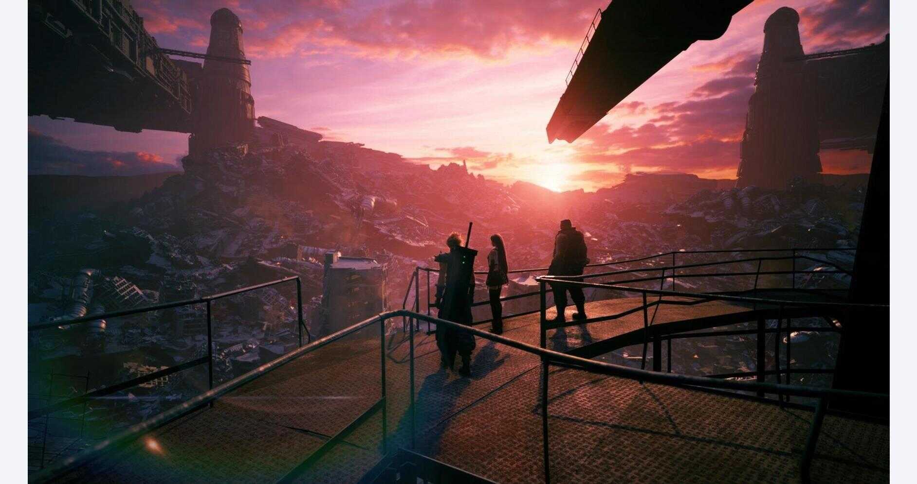 Futuristic cityscape at sunset with two characters overlooking the city from a high vantage point.