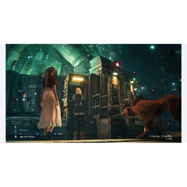 Futuristic city scene from Final Fantasy VII Remake Intergrade with characters and a dog.