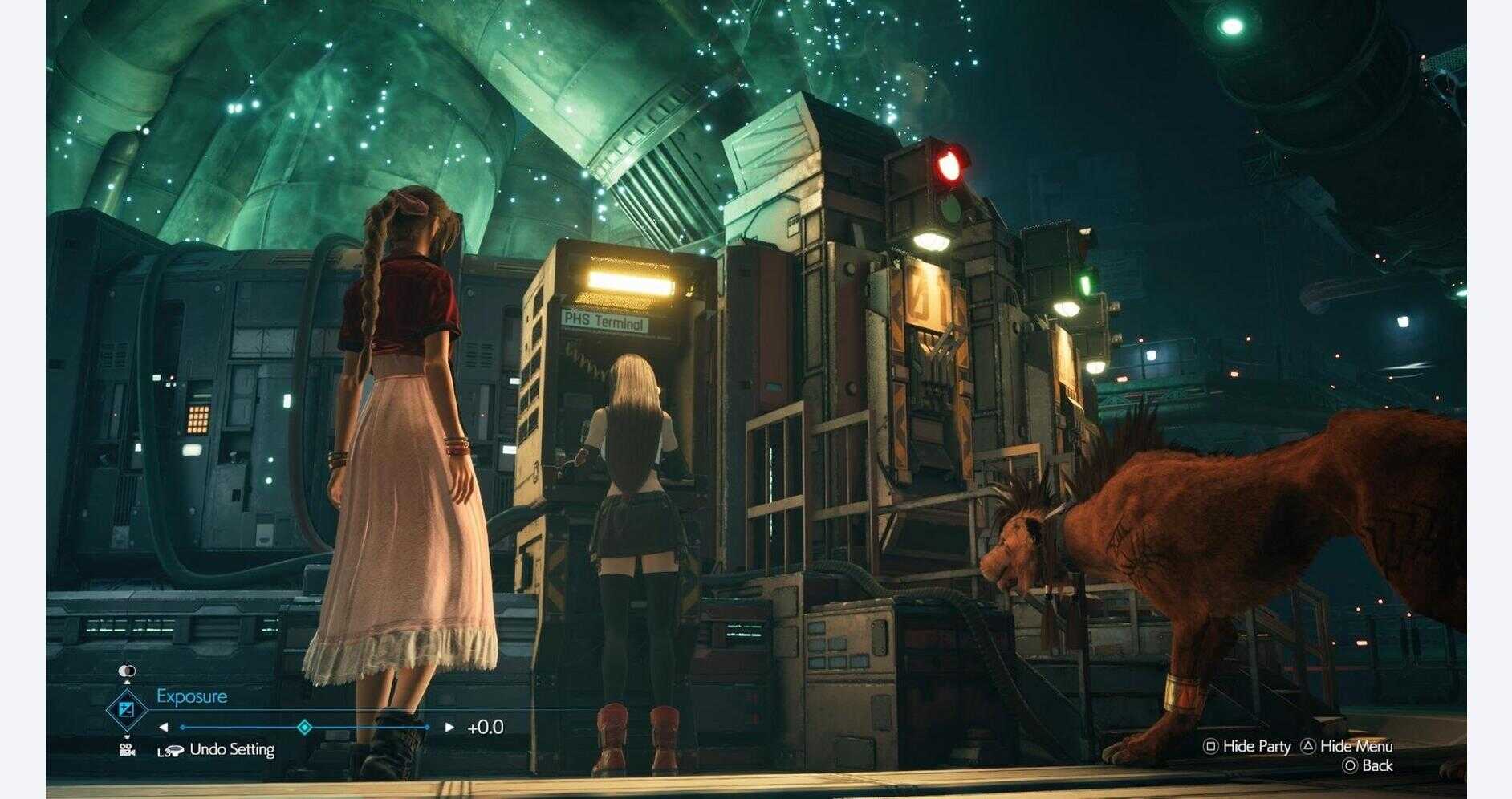 Futuristic city scene from Final Fantasy VII Remake Intergrade with characters and a dog.