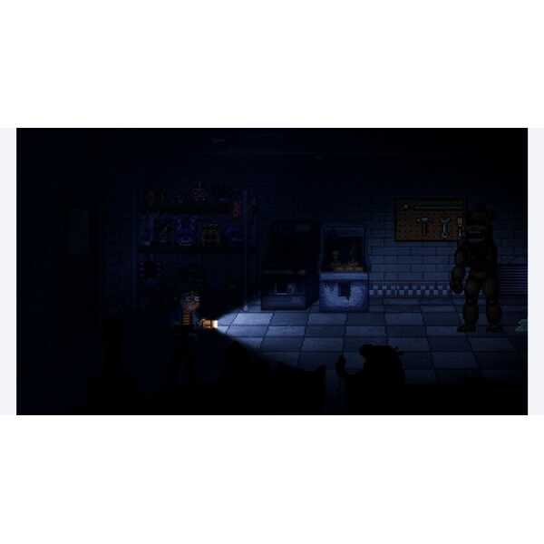 A dark, pixelated game scene featuring a character with a flashlight in a room filled with arcade ma.