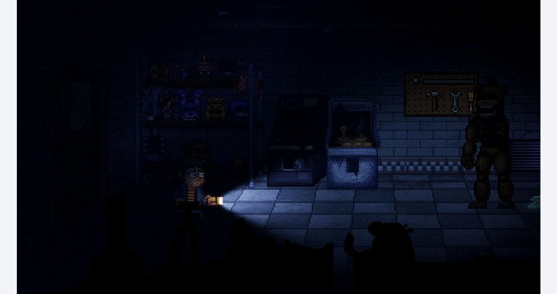 A dark, pixelated game scene featuring a character with a flashlight in a room filled with arcade ma.