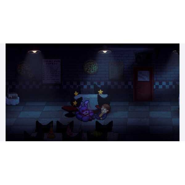 A nighttime scene from a video game featuring a character and a purple creature in a dimly lit room.