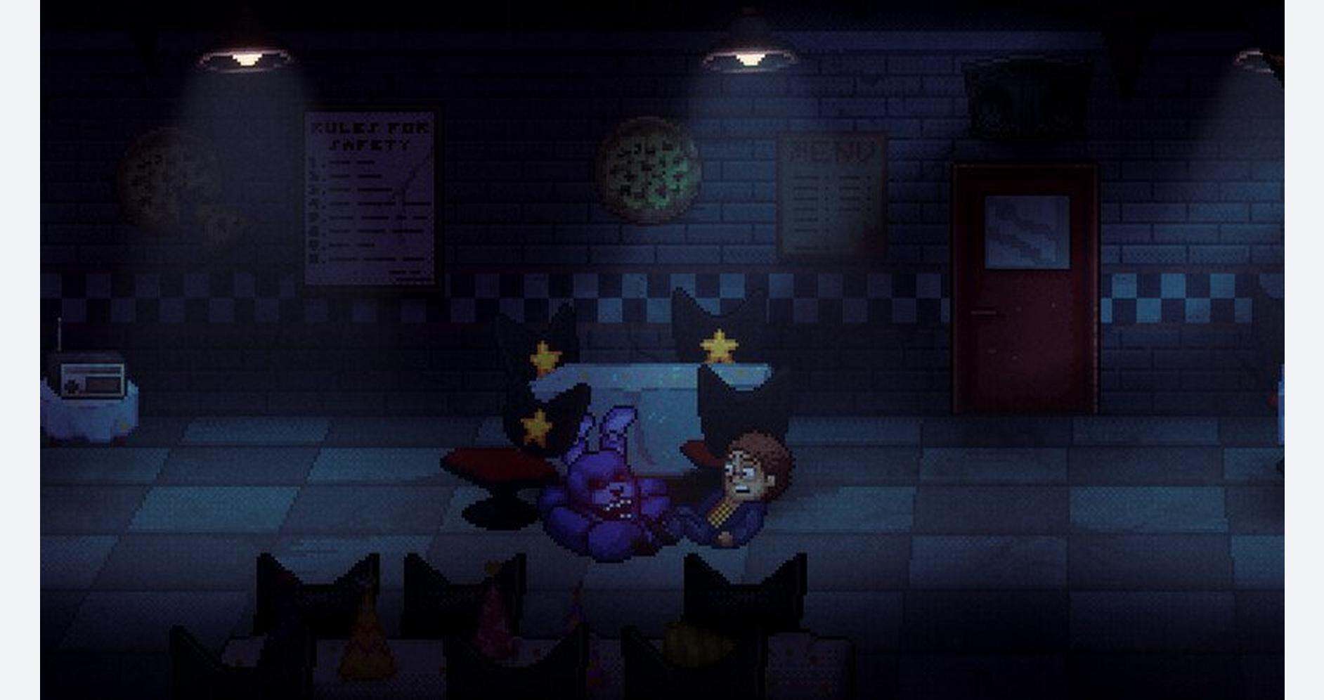 A nighttime scene from a video game featuring a character and a purple creature in a dimly lit room.
