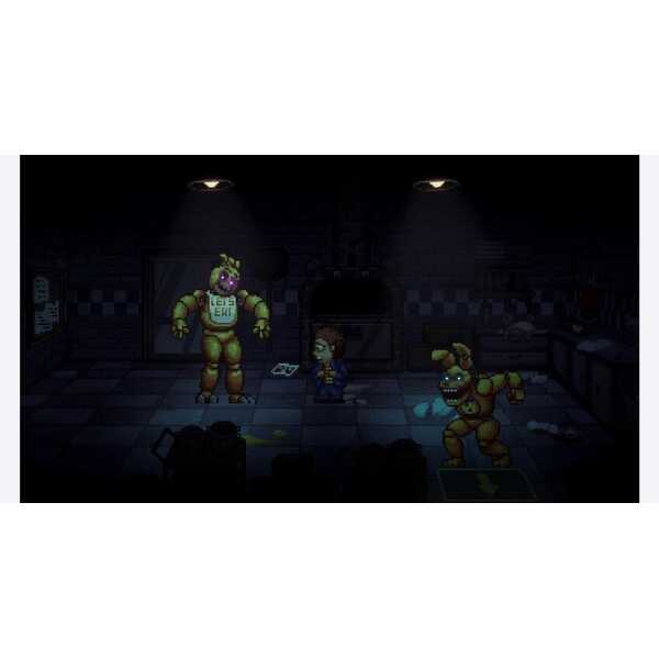 Retro-style pixel art of animatronic characters and a child in a dark arcade setting.