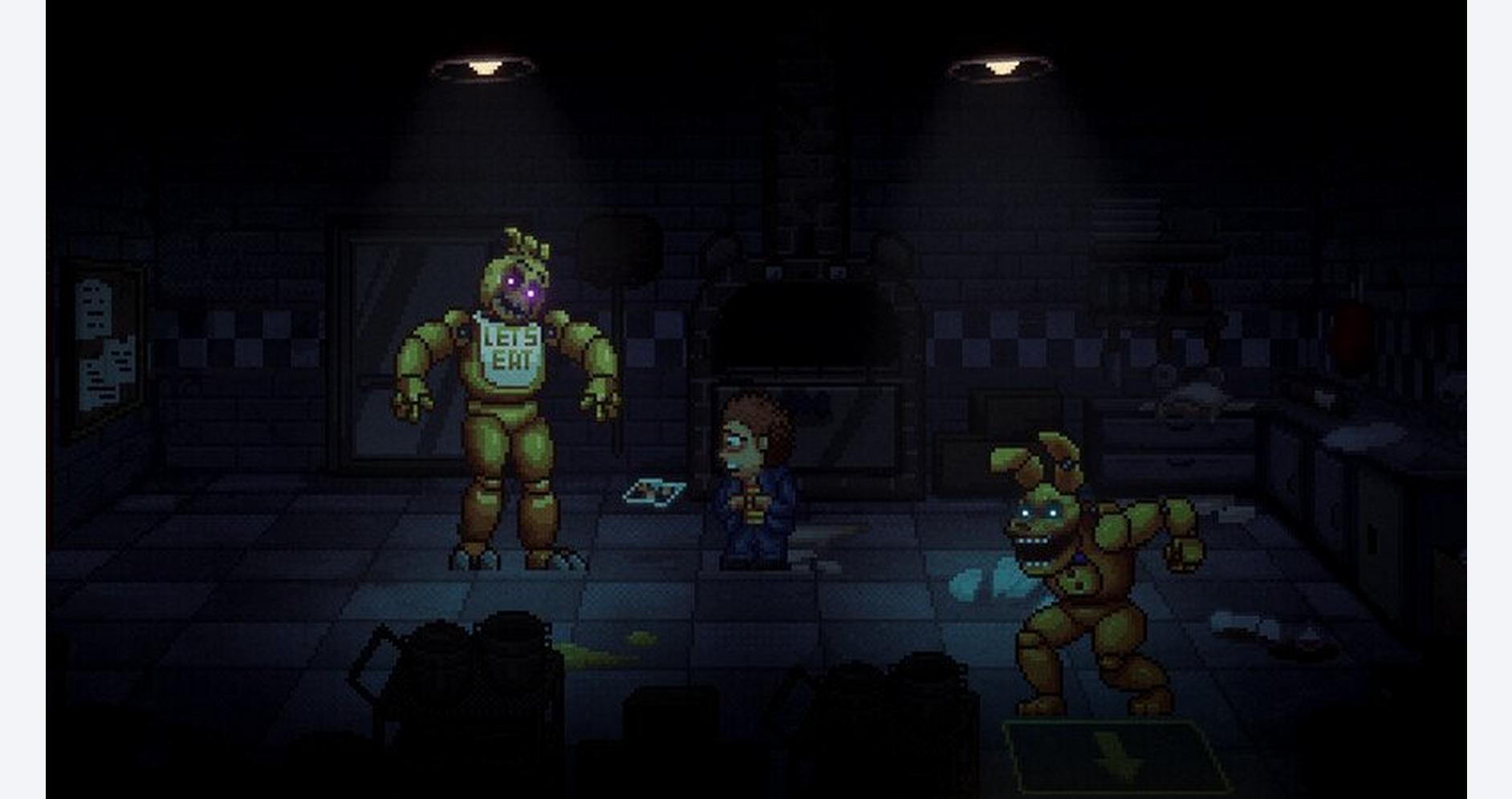 Retro-style pixel art of animatronic characters and a child in a dark arcade setting.